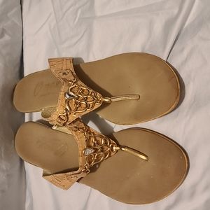 Onex Gold Cork Brown Wedge Sandals 7